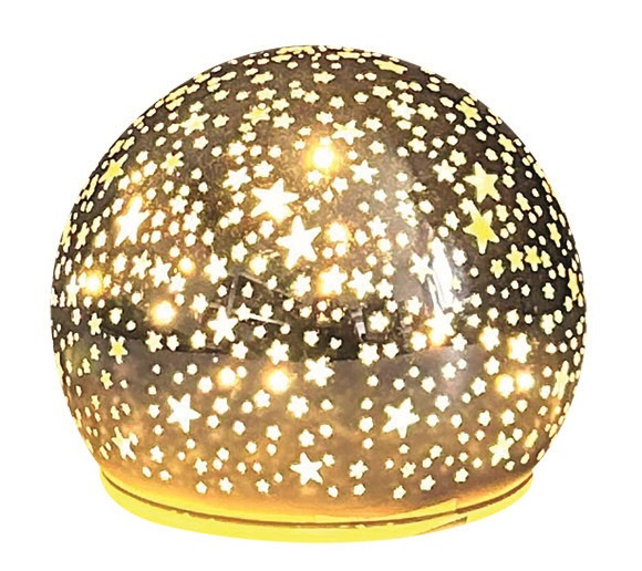 Svítící skleněná koule s hvězdičkami – champagne, o 10 cm, teplá bílá, 10 LED, časovač Anděl Přerov s.r.o.