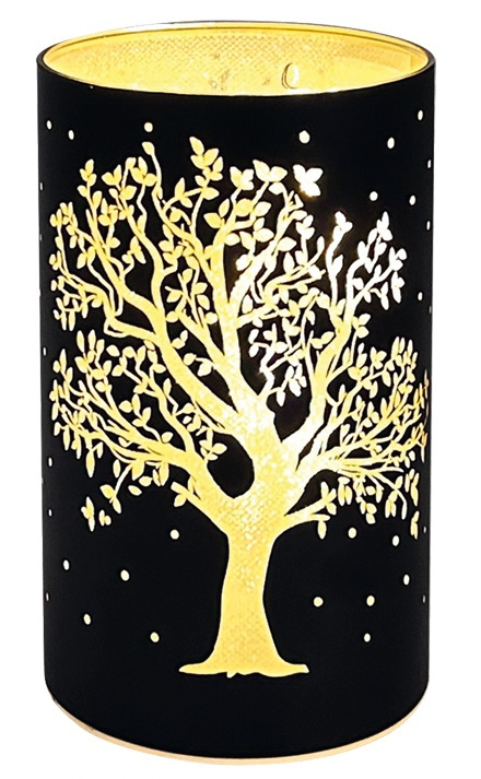 Svítící skleněný válec s motivem stromu – černý, 15 x 9 cm, teplá bílá, 10 LED, časovač Anděl Přerov s.r.o.