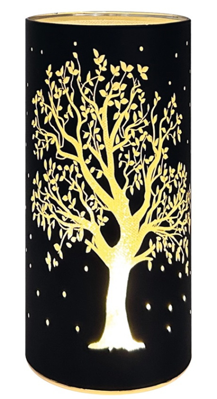 Svítící skleněný válec s motivem stromu – černý, 20 x 9 cm, teplá bílá, 10 LED, časovač Anděl Přerov s.r.o.