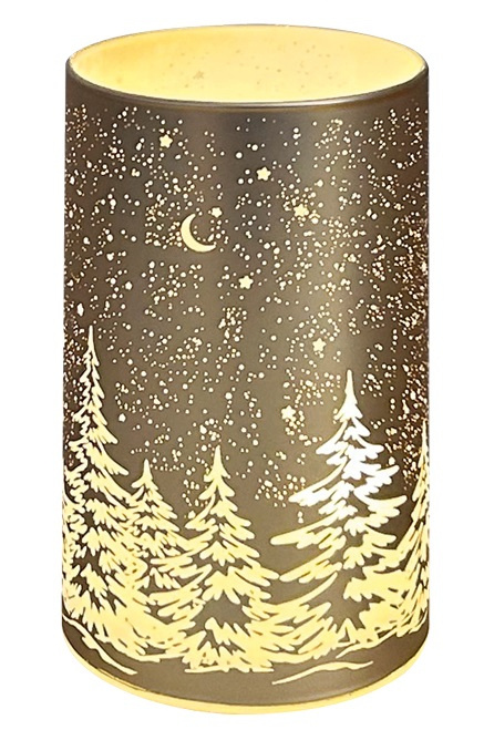 Svítící skleněný válec s motivem krajiny – zlatý, 12,8 x 7,5 cm, teplá bílá, 10 LED, časovač Anděl Přerov s.r.o.