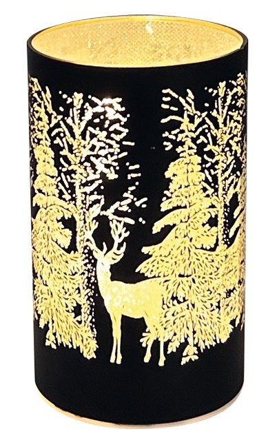 Svítící skleněný válec s motivem lesa – černý, 12,8 x 7,5 cm, teplá bílá, 10 LED, časovač Anděl Přerov s.r.o.