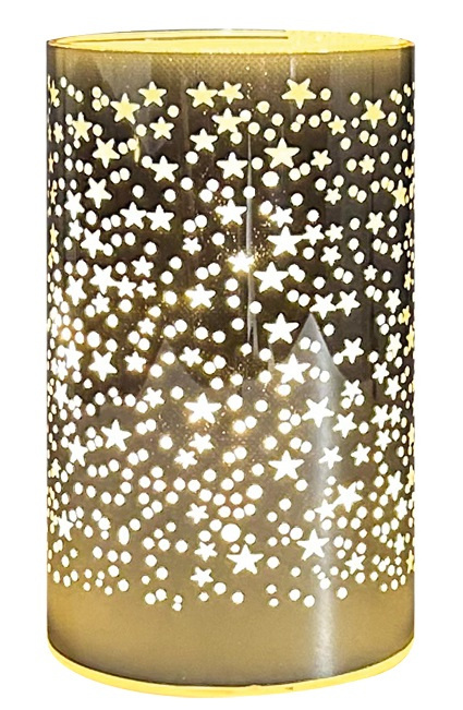 Svítící skleněný válec s hvězdičkami – zlatý, 15 x 9 cm, teplá bílá, 10 LED, časovač Anděl Přerov s.r.o.