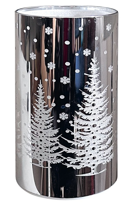 Svítící skleněný válec se stromem – stříbrný, 15 x 9 cm, teplá bílá, 10 LED, časovač Anděl Přerov s.r.o.