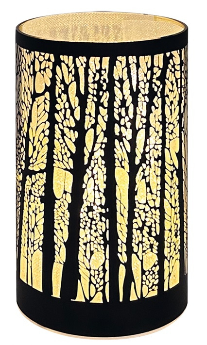 Svítící skleněný válec se stromy – černý, 15 x 9 cm, teplá bílá, 10 LED, časovač Anděl Přerov s.r.o.