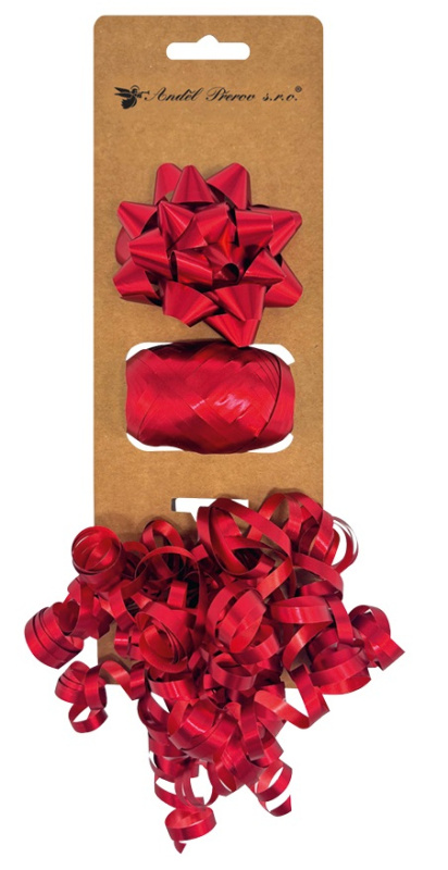 Sada na balení dárků červená, rozeta 7 x 3,5 x 7 cm, stuha 0,5 cm x 10 m, kudrlina s lepíkem  Anděl Přerov s.r.o.