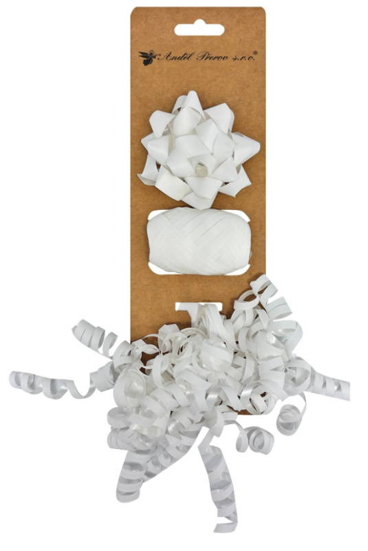 Sada na balení dárků bílá, rozeta 7 x 3,5 x 7 cm, stuha 0,5 cm x 10 m, kudrlina s lepíkem Anděl Přerov s.r.o.