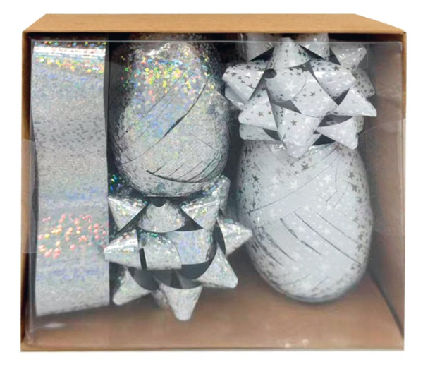 Sada na balení dárků stříbrná, rozeta 5 x 2 x 5 cm 4 ks, stuha 0,5 cm x 10 m 2 ks, stuha 2 cm x 2 m Anděl Přerov s.r.o.