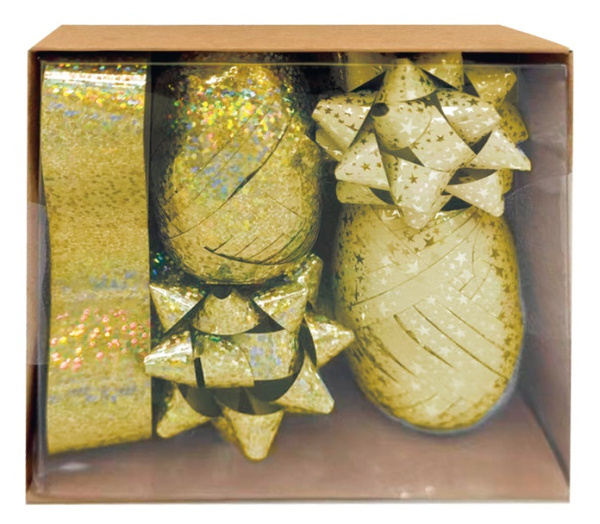 Sada na balení dárků zlatá, rozeta 5 x 2 x 5 cm 4 ks, stuha 0,5 cm x 10 m 2 ks, stuha 2 cm x 2 m Anděl Přerov s.r.o.