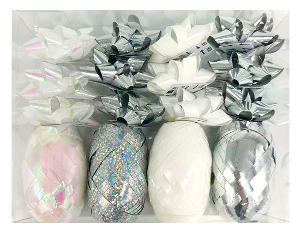 Sada na balení dárků stříbrná, rozeta 5 x 2 x 5 cm 12 ks, stuha 0,5 cm x 10 m 4 ks Anděl Přerov s.r.o.