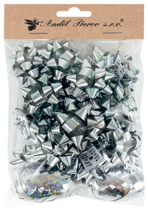 Sada na balení dárků stříbrná, rozeta 5 x 2 x 5 cm 20 ks, stuha 0,5 cm x 10 m 2 ks Anděl Přerov s.r.o.