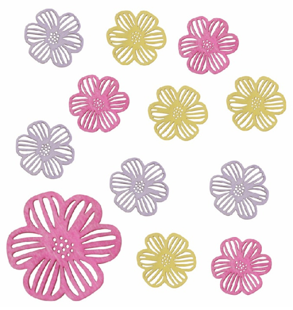 Květiny dřevěné mix tří barev 4 x 4 x 0,3 cm, 12 ks v sáčku Anděl Přerov s.r.o.