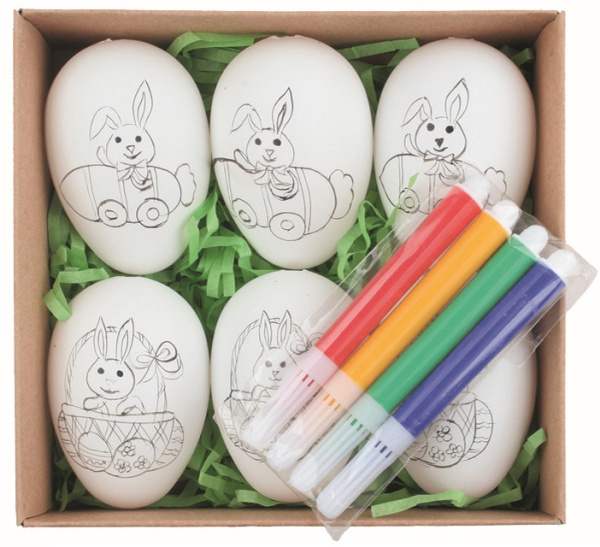 Sada velikonočních plastových vajec Zajíc K domalování 6 cm na zavěšení, 6 ks vajec + 4 ks fixů Anděl Přerov s.r.o.