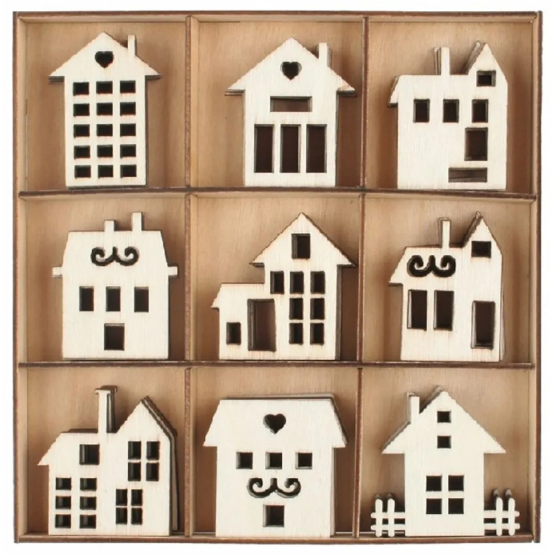Sada dřevěných dekorací Domy 3,5 x 3 x 0,2 cm, 54 ks Anděl Přerov s.r.o.