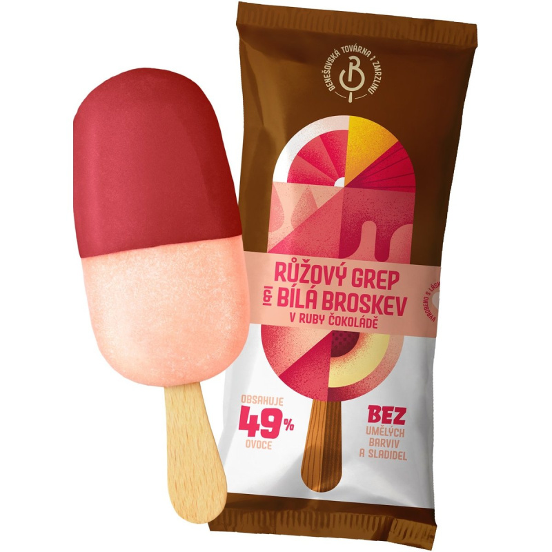 Benešovská továrna na zmrzlinu Nanuk růžový grep & bílá broskev v ruby čokoládě