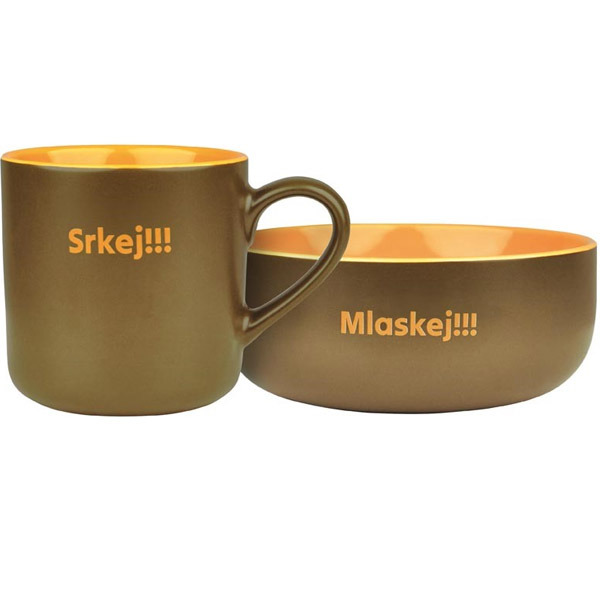Sada miska a hrnek - humorný motiv „Srkej!!!“ a „Mlaskej!!!“