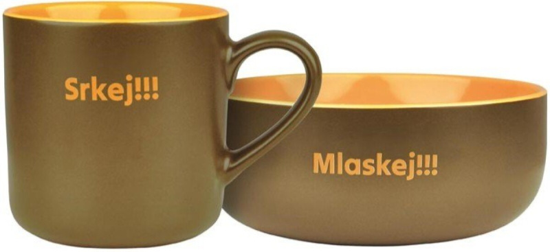 Sada miska a hrnek - humorný motiv „Srkej!!!“ a „Mlaskej!!!“