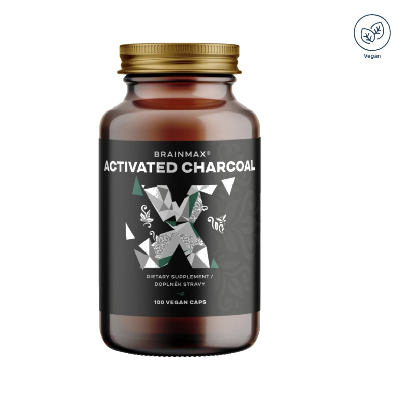 BrainMax Activated Charcoal, aktivní uhlí z kokosových skořápek, 575 mg, 100 rostlinných kapslí