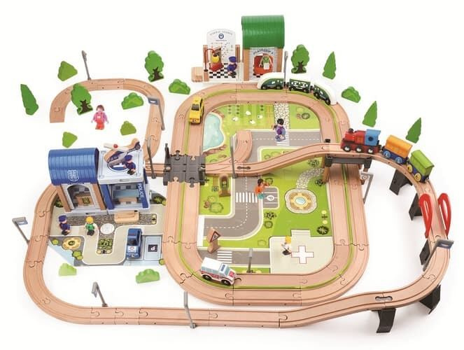 2Kids Toys dřevěná vláčkodráha město a vesnice 200 dílů