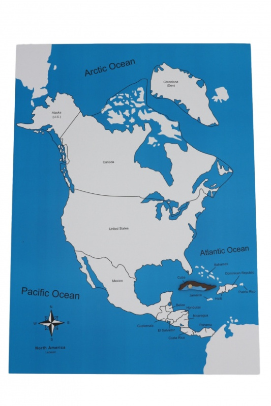 Kontrolní mapa - Severní Amerika Nová - s popisky Montessori