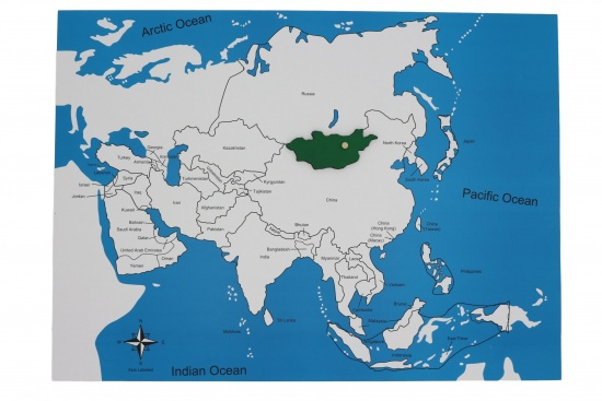Kontrolní mapa - Asie Nová - s popisky Montessori