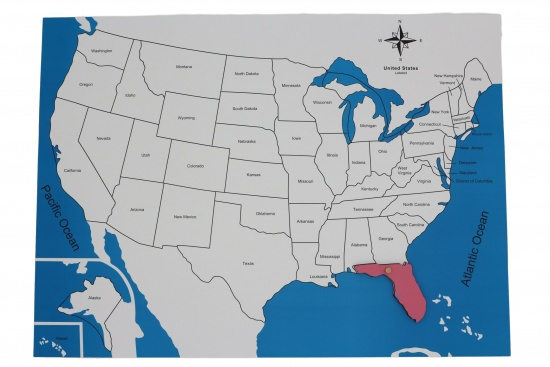 Kontrolní mapa - USA Nová - s popisky Montessori