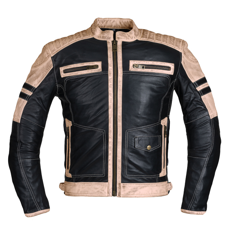 Pánská kožená bunda W-TEC Esbiker černá s béžovými pruhy XXL