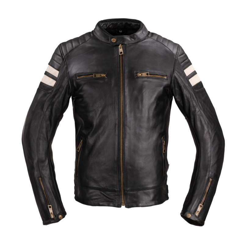 Pánská kožená moto bunda W-TEC Stripe černá s béžovými pruhy 5XL
