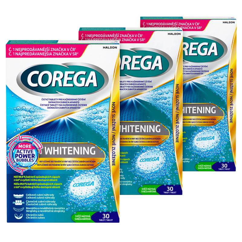 COREGA Whitening antibakteriální tablety 3 balení 30 kusů