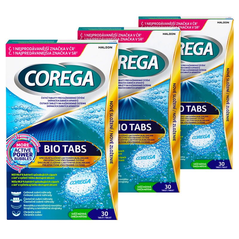 COREGA Bio tabs antibakteriální tablety pro zubní náhrady 3 x 30 kusů