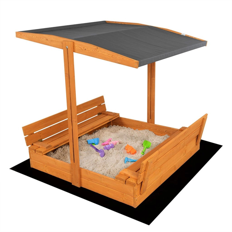 Dětské dřevěné uzavíratelné pískoviště s lavičkami a stříškou BABY MIX 120 × 120 cm, šedé