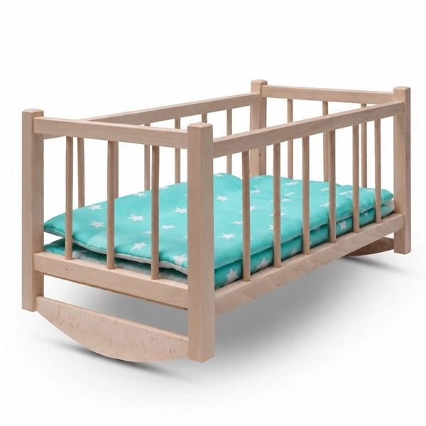 Baby Mix dřevěná kolébka/postýlka pro panenky s povlečením Stars Mint - 1 kus