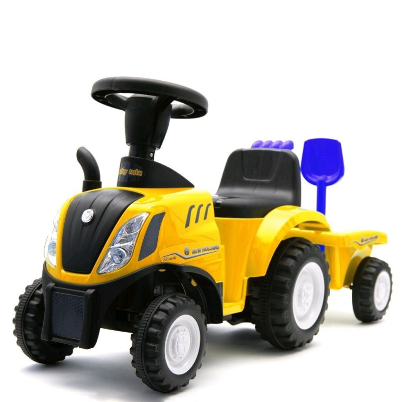 Dětské odrážedlo traktor s vlečkou a nářadím New Holland – žluté