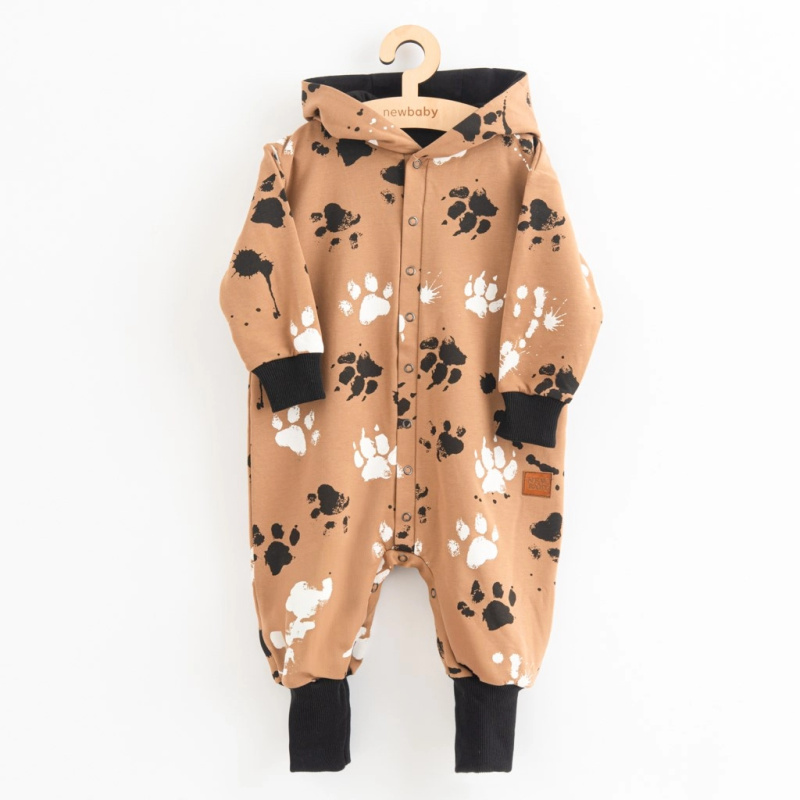 Kojenecký bavlněný overal s kapucí a oušky NEW BABY, hořčicový