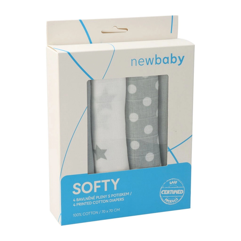 Bavlněné mušelínové pleny NEW BABY Softy 70 × 70 cm, 4 ks, šedo‑bílé