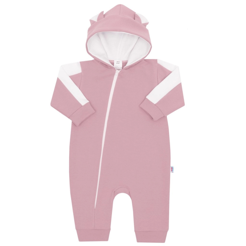 Kojenecký teplákový overal s kapucí a oušky růžový