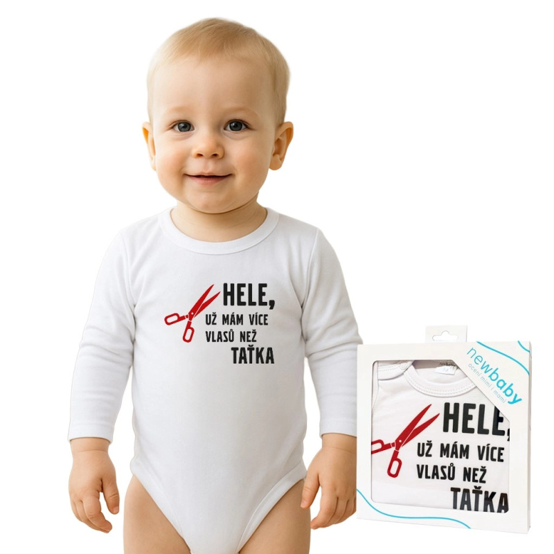 Kojenecké body s potiskem New Baby Více vlasů než taťka – dárkové balení