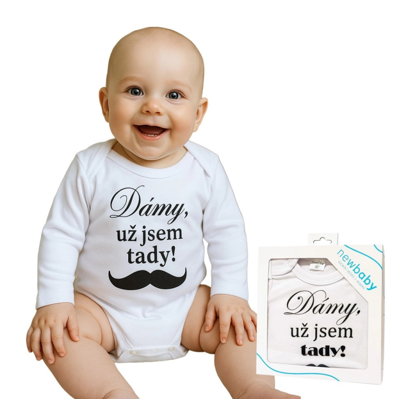 Kojenecké bavlněné body s potiskem New Baby Dámy, už jsem tady! – dárkové balení