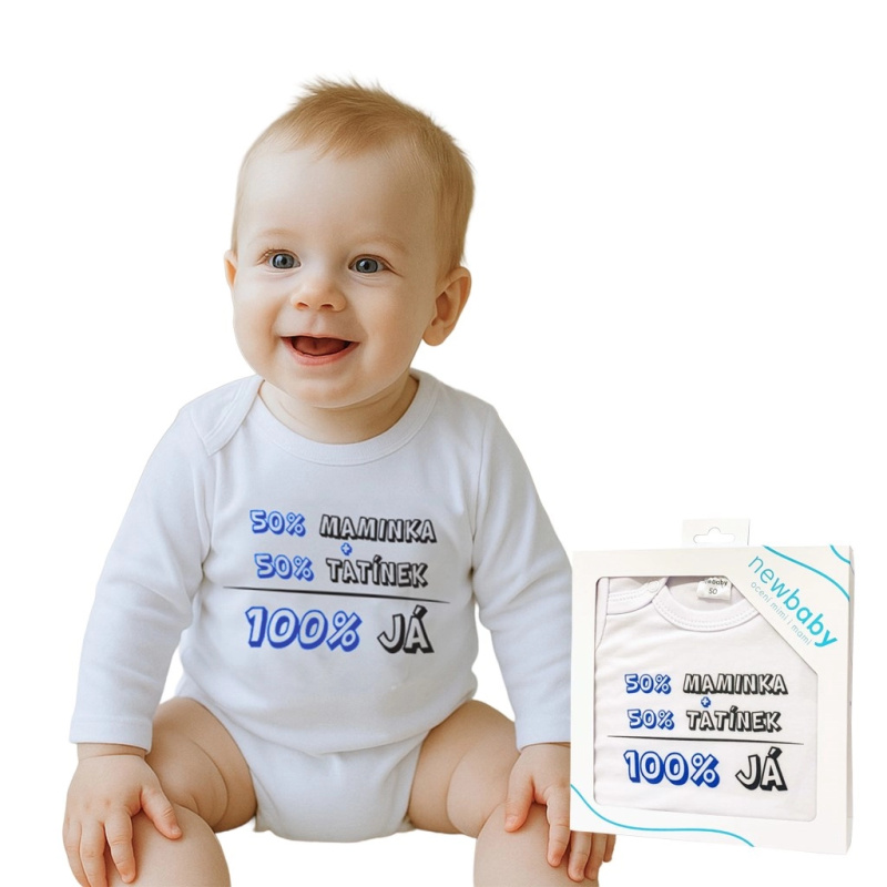 Body s potiskem pro miminko New Baby 50% maminka + 50% tatínek – 100% já, modré, dárkové balení