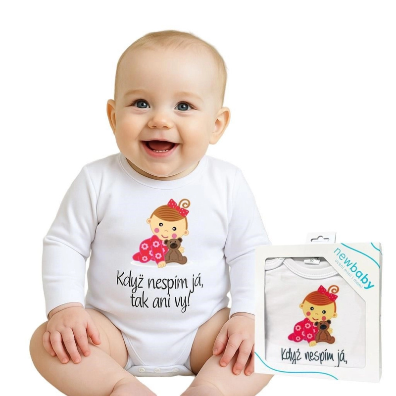 Bavlněné kojenecké body s potiskem New Baby – Když nespím já, tak ani vy (dárkové balení)