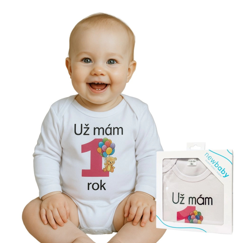 Body s potiskem New Baby Už mám 1 rok růžové – dárkové balení