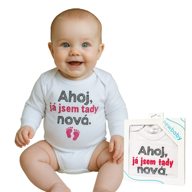 Kojenecké body s potiskem New Baby Ahoj, já jsem tady nová – dárkové balení
