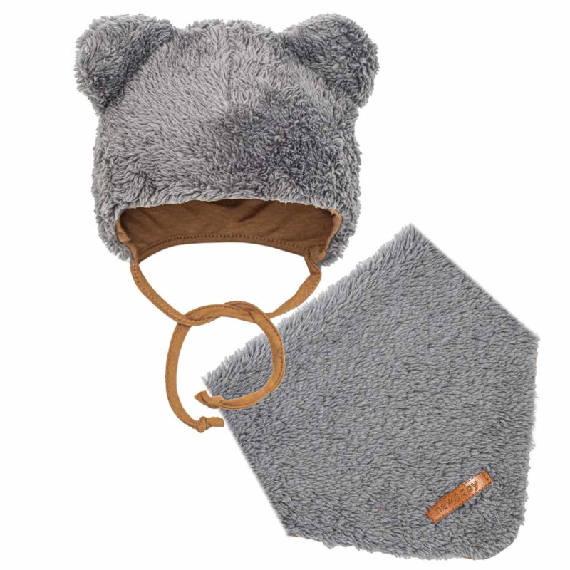 Zimní kojenecká čepice se šátkem na krk NEW BABY Teddy bear, šedá