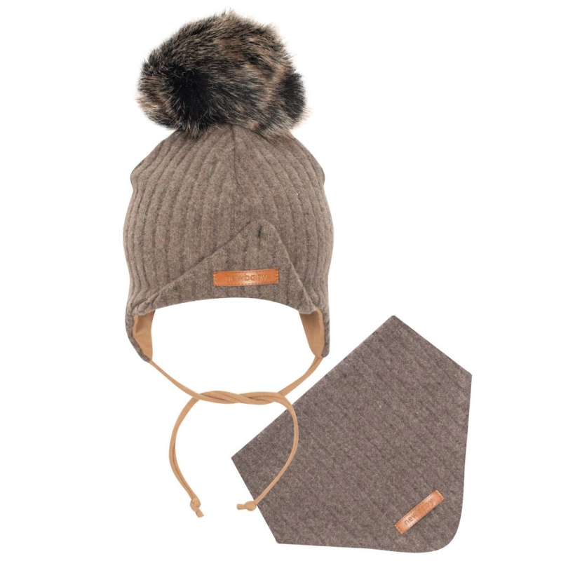 Kojenecká zimní čepice s oušky a šátkem na krk NEW BABY Special One hnědá