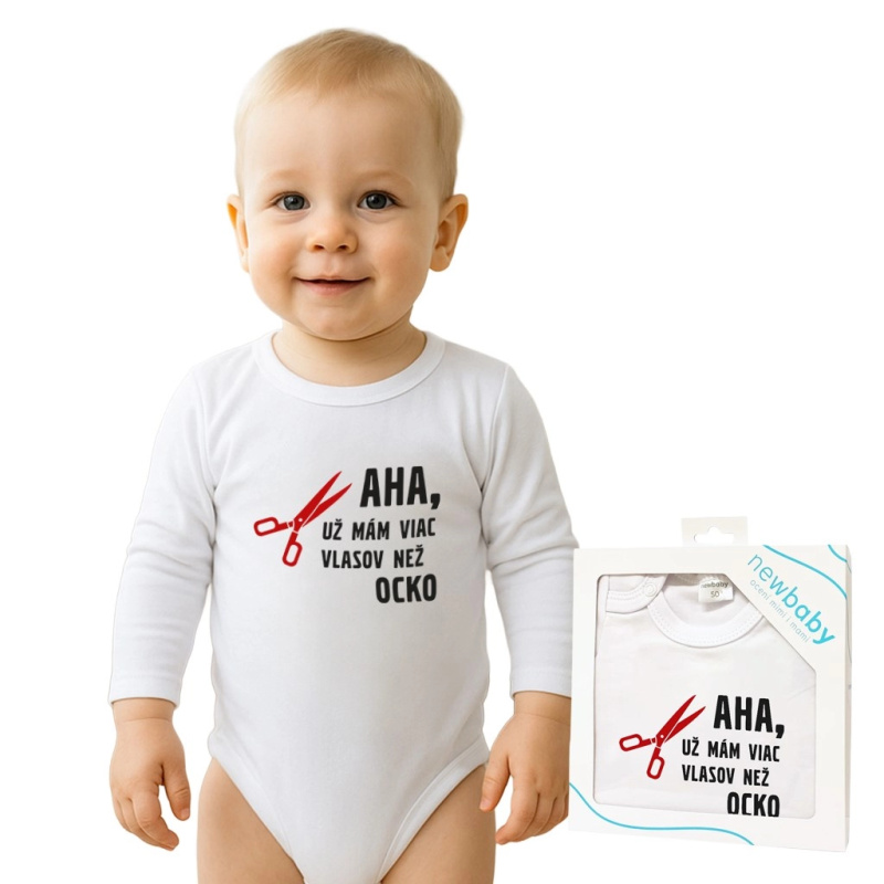 Dětské body s potiskem New Baby – viac vlasov než ocko, dárkové balení