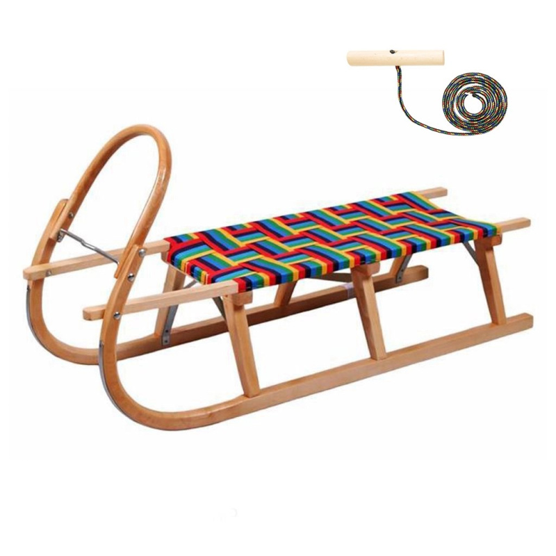 Dřevěné sáňky s textilním sedákem a ocelovými skluznicemi