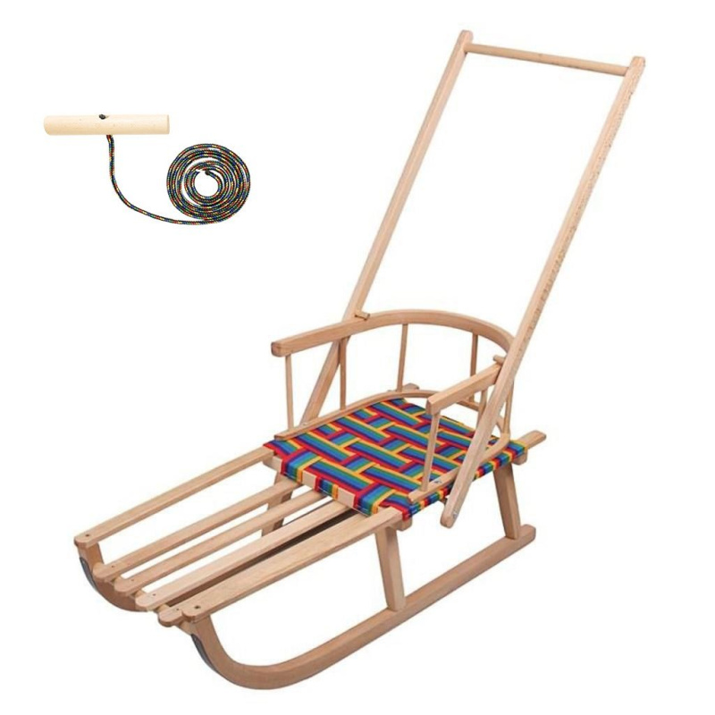 Dětské dřevěné sáně s opěrkou a madlem