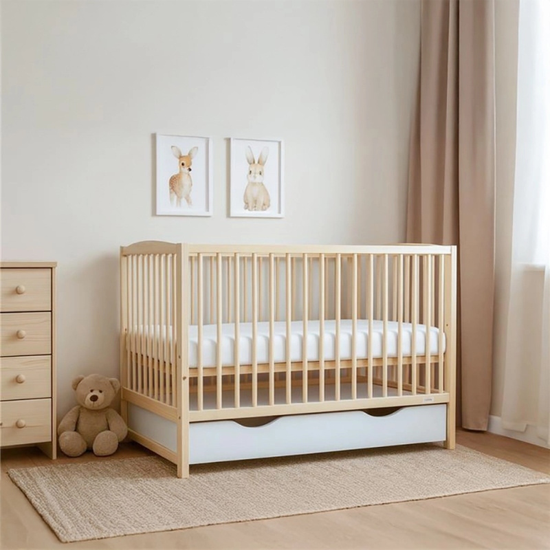 Dětská postýlka New Baby Lilly se stahovací bočnicí a šuplíkem – přírodní