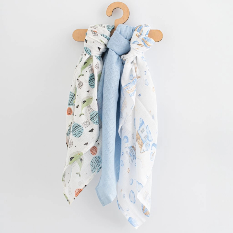 Bavlněné pleny s potiskem NEW BABY 70 × 80 cm, 3 ks – pro kluky