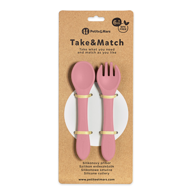Petite&Mars Take&Match Silicone Cutlery příbor Dusty Rose 6 m+ 2 ks