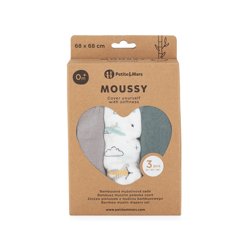 Petite&Mars Moussy látkové pleny Grey Planes 68 x 68 cm 3 ks